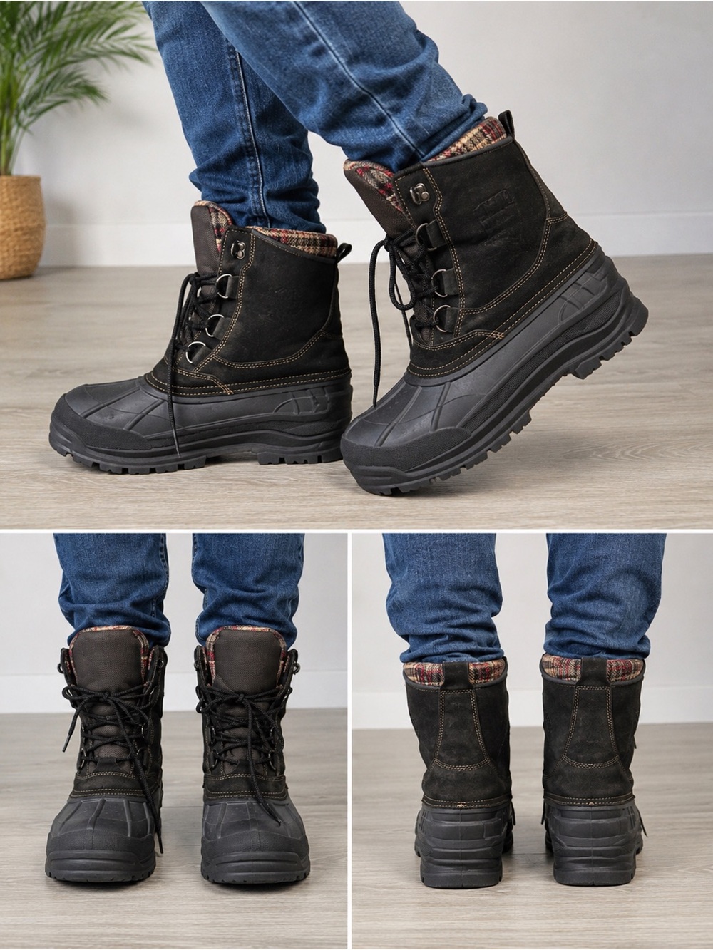 Sporto Iceberg Men’s Winter Snow Boots Black Leather Waterproof Lace Up Size9
